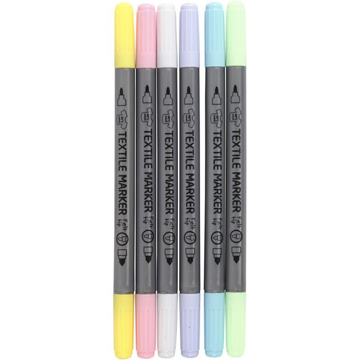 Feutres textiles, trait 2,3+3,6 mm, couleurs pastel, 6pièces/ 1 Pq.