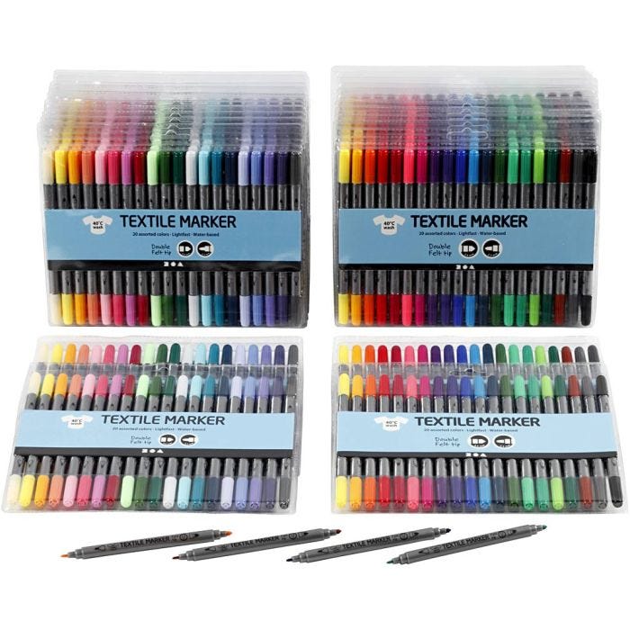 Feutres textiles, trait 2,3+3,6 mm, couleurs classiques, couleur extra, 24x20 pièces/ 1 Pq.