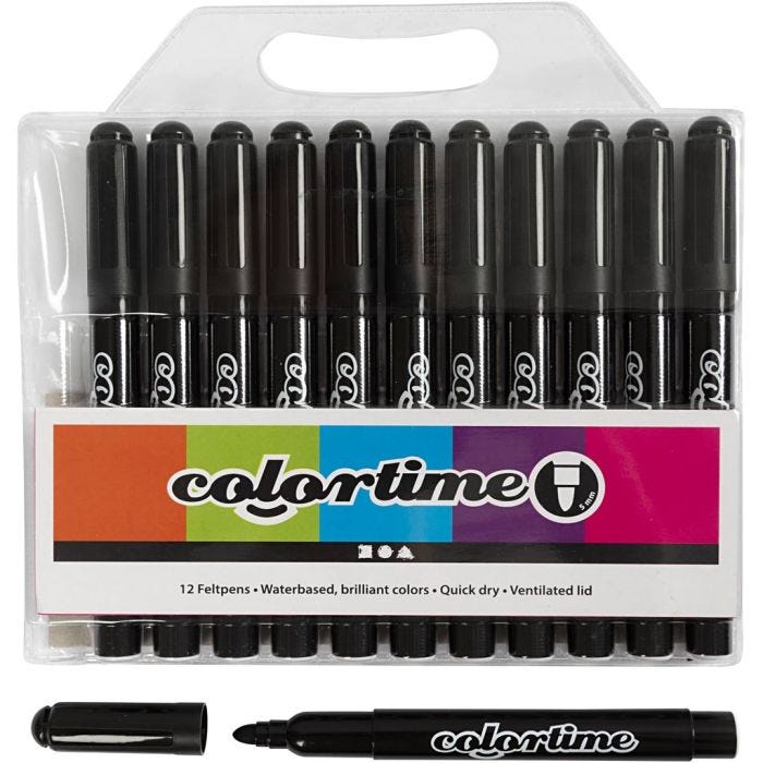 Feutres Colortime, trait 5 mm, noir, 12pièces/ 1 Pq.