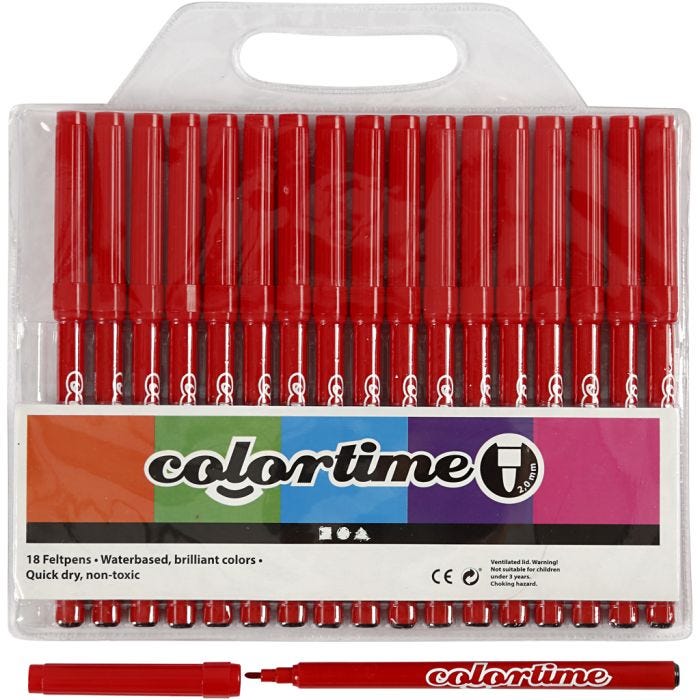 Feutres Colortime, trait 2 mm, rouge, 18 pièces/ 1 Pq.