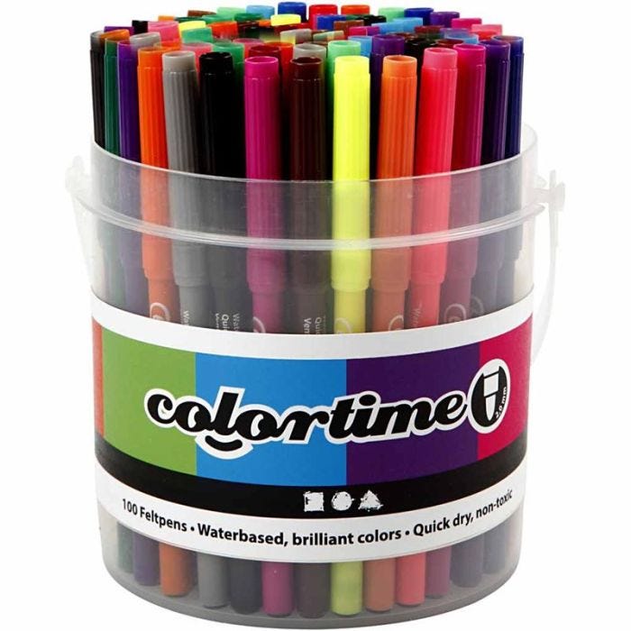 Feutres Colortime, trait 2 mm, ass. de couleurs, 100pièces/ 1 seau