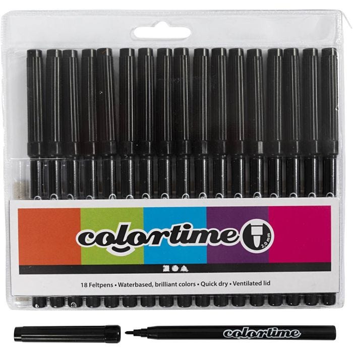 Feutres Colortime, trait 2 mm, noir, 18pièces/ 1 Pq.