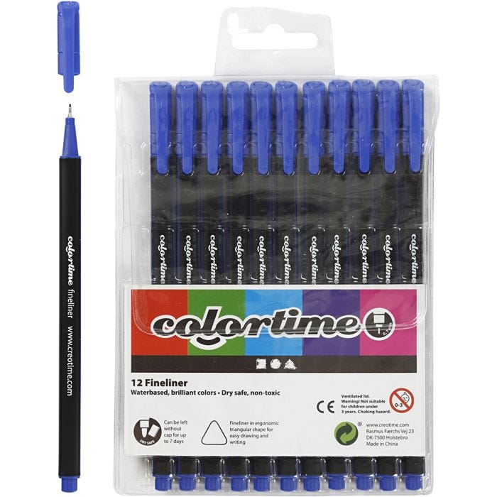 Feutres Fineliner Colortime, trait 0,6-0,7 mm, bleu foncé, 12pièces/ 1 Pq.