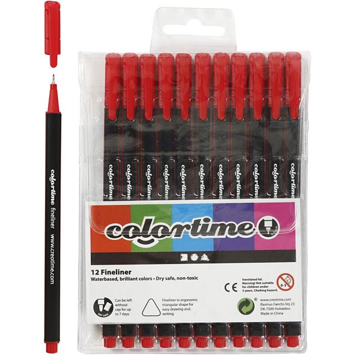 Feutres Fineliner Colortime, trait 0,6-0,7 mm, rouge, 12pièces/ 1 Pq.