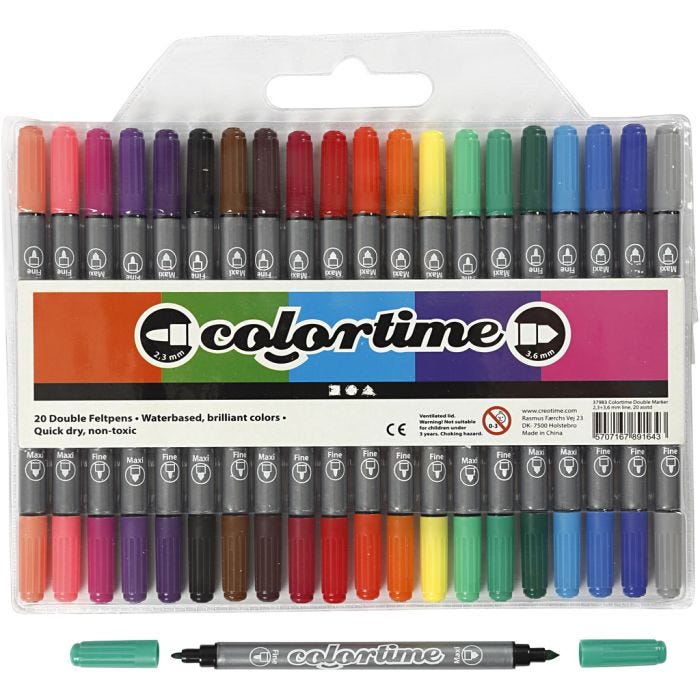 Feutres Colortime Double Pointe, trait 2,3+3,6 mm, couleurs classiques, 20 pièces/ 1 Pq.