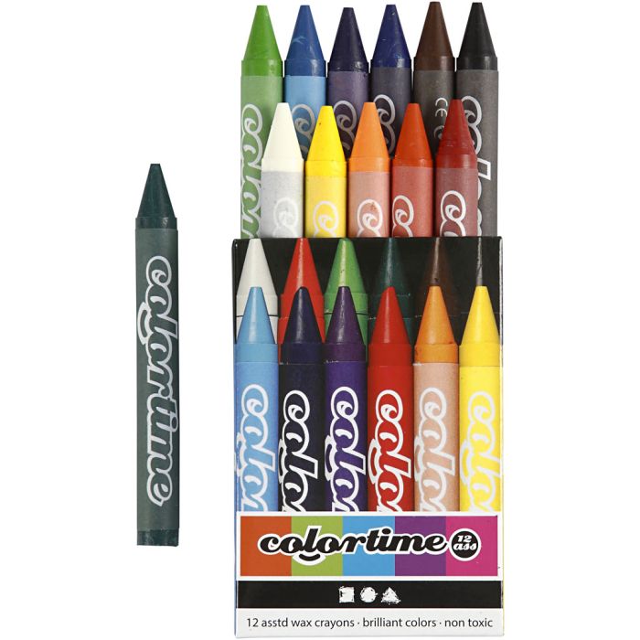 Crayon de Cire Colortime, L : 10 cm, ép. 11 mm, ass. de couleurs, 12 pièces/ 1 Pq.