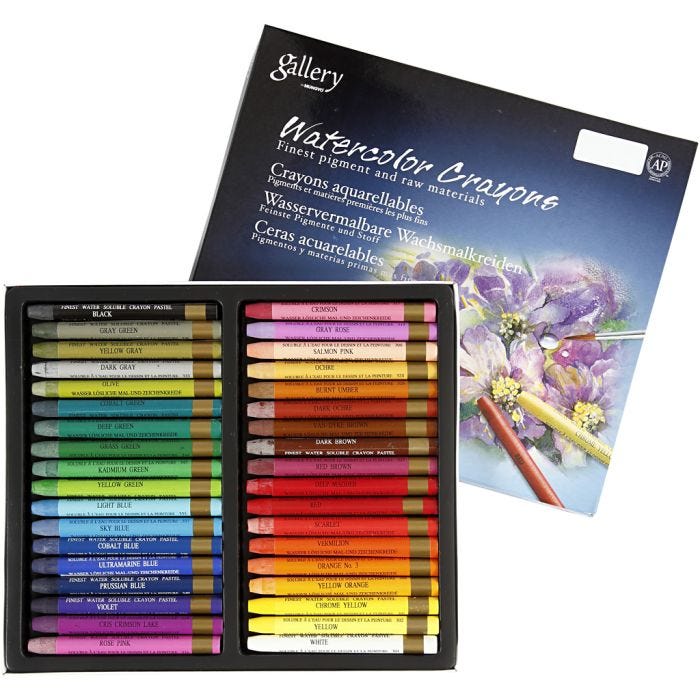 Pastels à la cire aquarellables, L : 9,3 cm, ass. de couleurs, 36pièces/ 1 Pq.