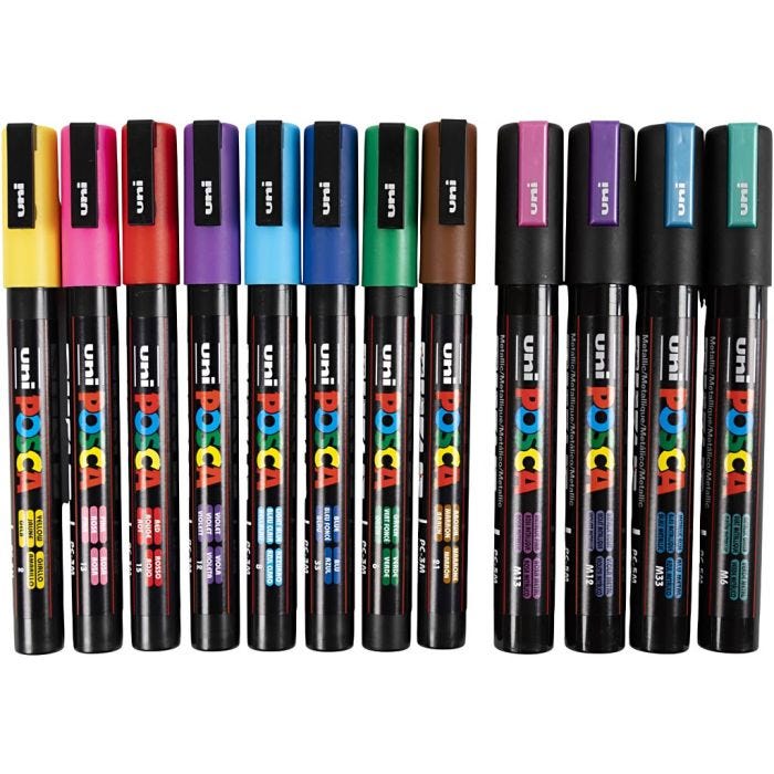 Feutre Posca, dim. PC-5M + PC-3M, trait 0,9-1,3 + 2,5 mm, ass. de couleurs, 12 ass./ 1 Pq.