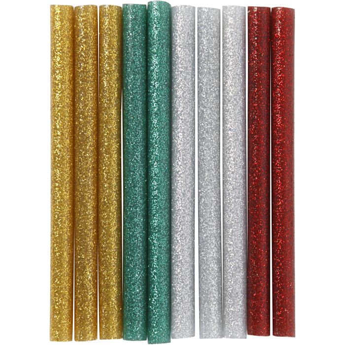 Bâtons de colle Mini, L : 10 cm, d 7 mm, paillettes, or, vert, rouge, argent, 10 pièces/ 1 Pq.
