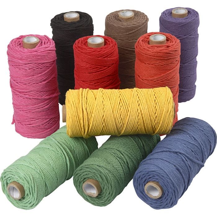 Cordon pour macramé, L : 100 M, ép. 2 mm, Qualité épaisse 12/36, Couleurs vives, 10x225 gr/ 1 Pq.