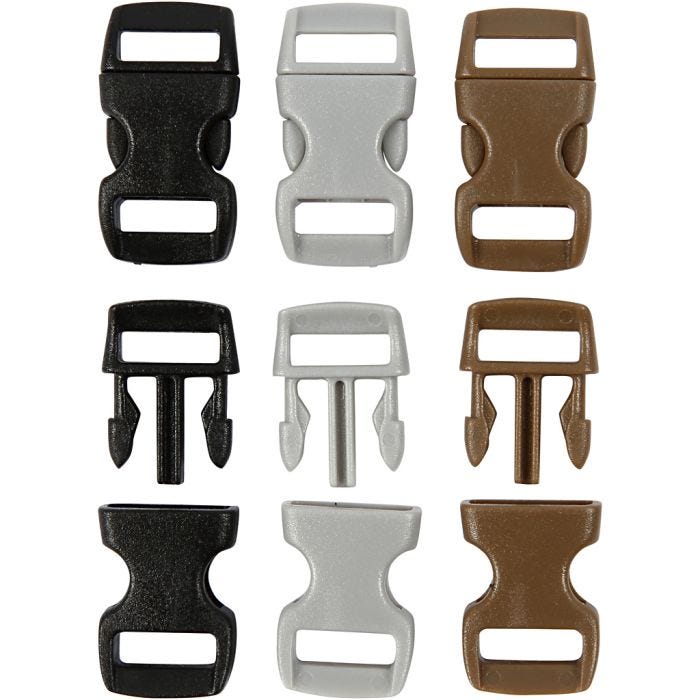 Fermeture à click, L : 29 mm, L : 15 mm, diamètre intérieur 3x11 mm, noir, brun, gris, 100 pièces/ 1 Pq.