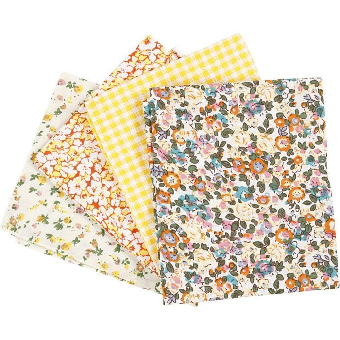 Tissu patchwork, dim. 45x55 cm, 100 gr, jaune, 4 pièces/ 1 boule