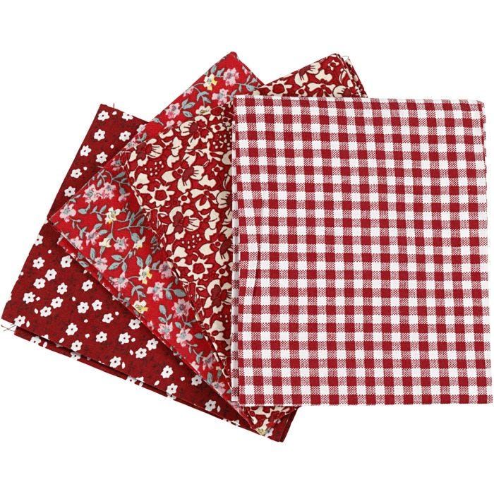 Tissu patchwork, dim. 45x55 cm, 100 gr, rouge, 4 pièces/ 1 boule