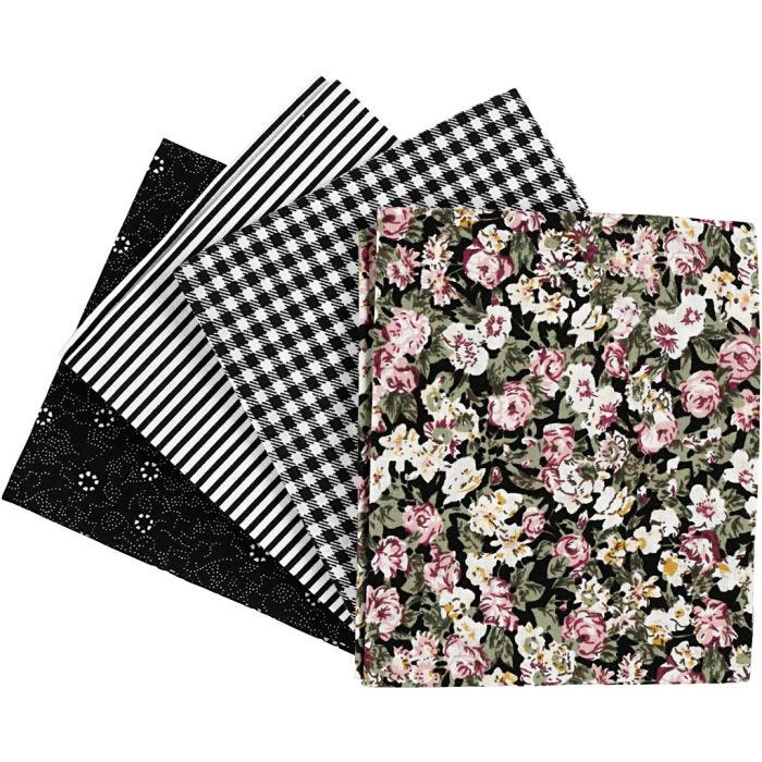 Tissu patchwork, dim. 45x55 cm, 100 gr, noir, 4 pièces/ 1 boule