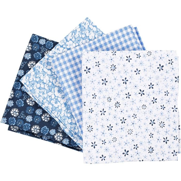 Tissu patchwork, dim. 45x55 cm, 100 gr, bleu, 4 pièces/ 1 boule