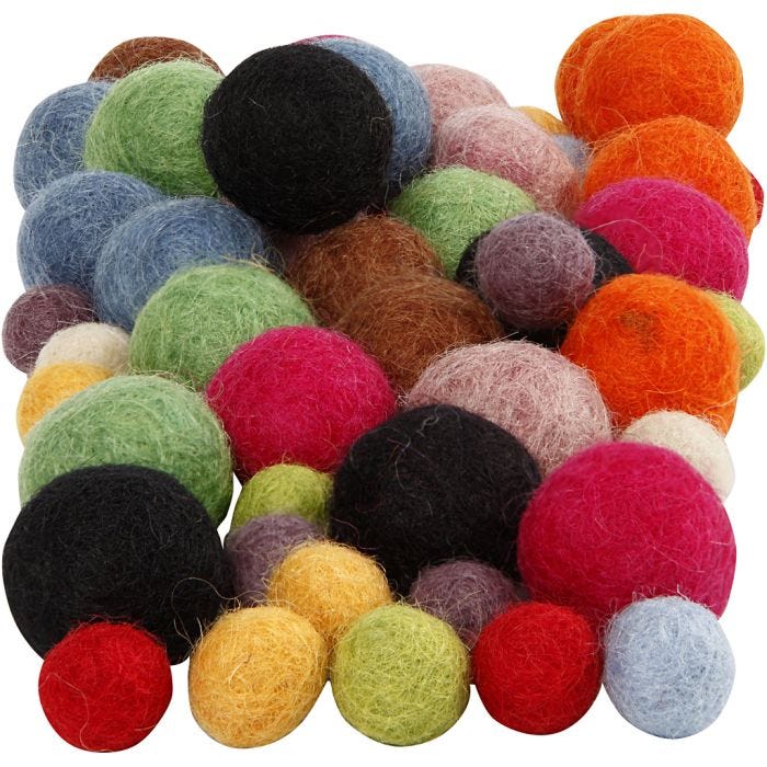 Perles feutrées, 10+20 mm, ass. de couleurs, 52pièces/ 1 Pq.