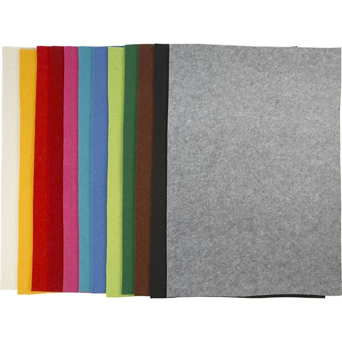 Feutrine synthétique, 42x60 cm, 3 mm, ass. de couleurs, 12flles ass./ 1 Pq.