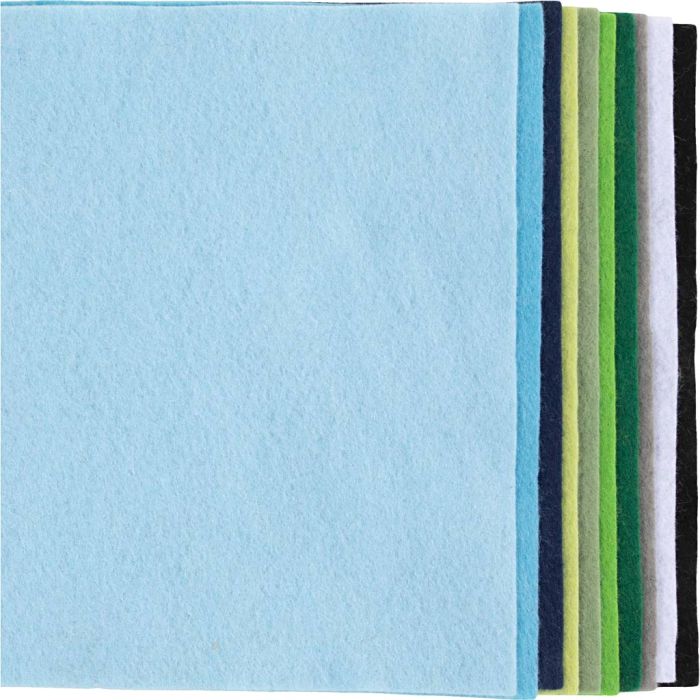 Feutrine synthétique, A4, feuille 210x297 mm, ép. 2 mm, harmonie bleu/vert, 10 flles/ 1 Pq.