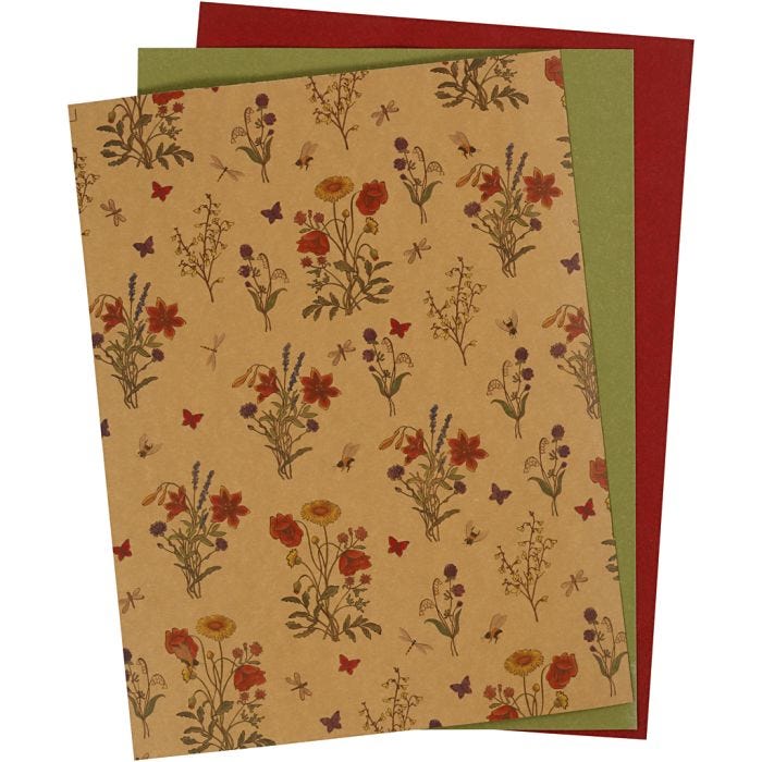 Papier imitation cuir, 21x27,5+21x28,5+21x29,5 cm, 0,55 mm, unicolor,imprimé, naturel, vert, rouge, 3flles/ 1 Pq.