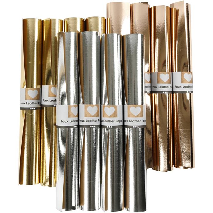 Papier imitation cuir, L : 49 cm, ép. 0,55 mm, unicolor,film, or, rose or, argent, 12x1 m/ 1 Pq.