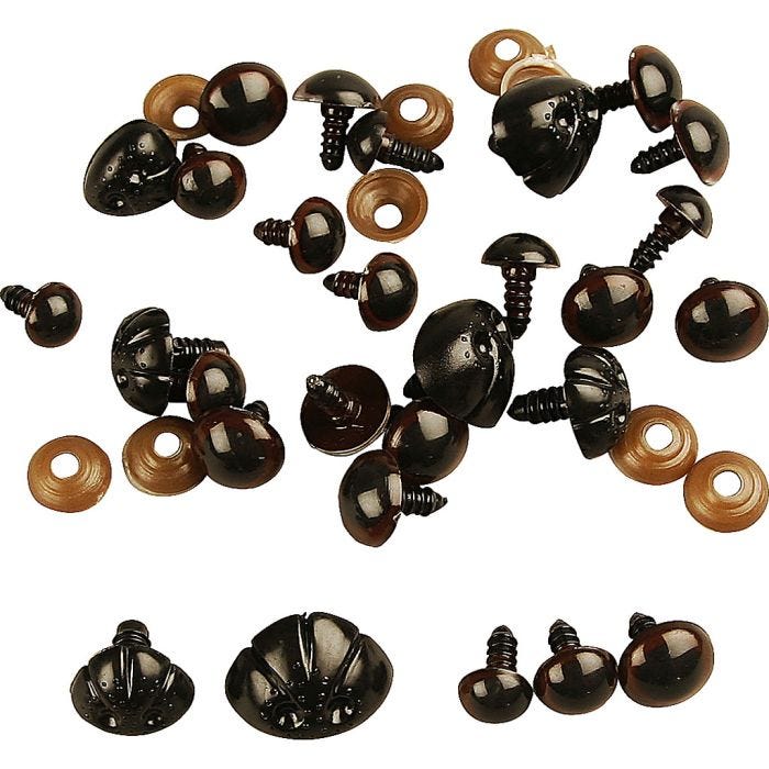 Yeux et nez d'ours en peluche, d 10+12,5+15 mm, dim. 15+25 mm, 12 ass./ 1 Pq.
