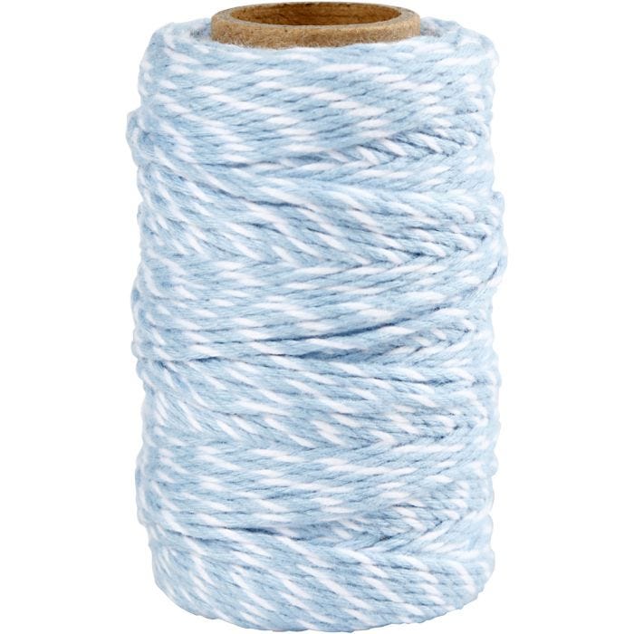 Ficelle de coton, 1,1 mm, blanc/bleu clair, 50m/ 1 rouleau