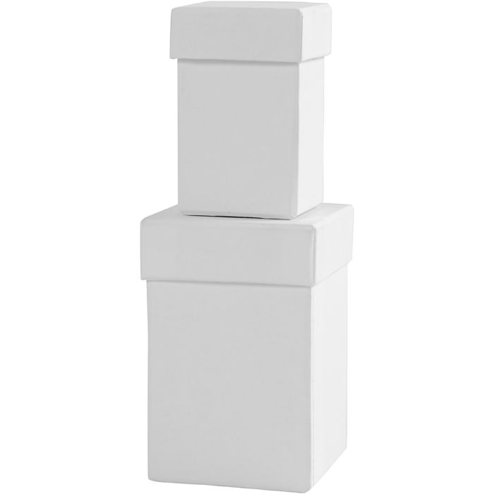 Boîtes carrées, H : 7+9 cm, dim. 4,5+6 cm, blanc, 2 pièces/ 1 set