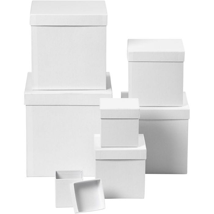 Boîtes carrées, carrées, H : 7,5+10+13+15+18+20+23 cm, dim. 7,5+10+13+15+18+20+23 cm, blanc, 7pièces/ 1 set