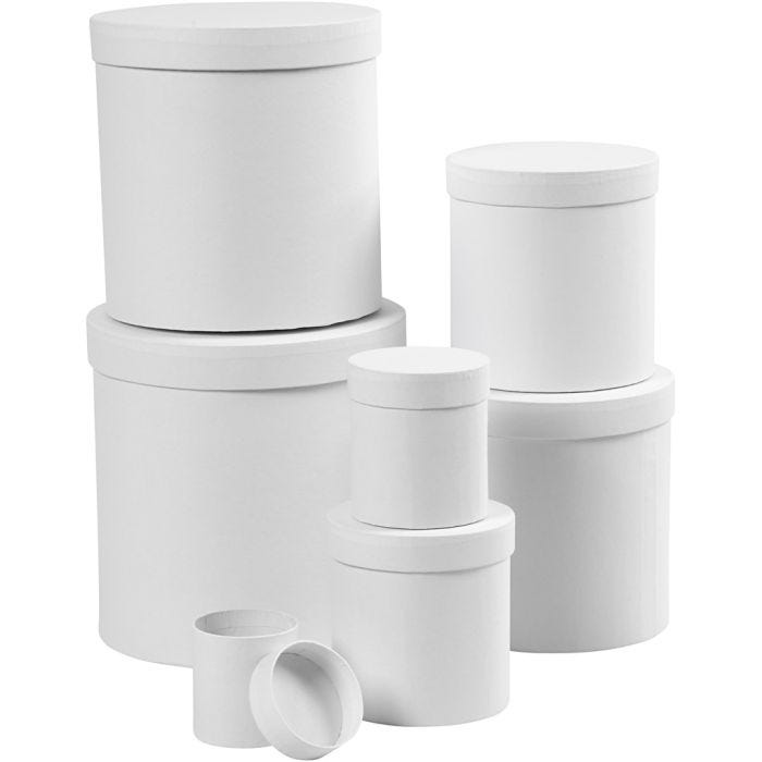 Boîtes, rondes, 7,5+10,2 +12,7+15,2 +17,7+20,2 +22,7 cm, 7+9 +12+14,5 +17+19,5 +22 cm, blanc, 7pièces/ 1 set
