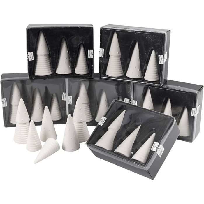 Sapins de Noël, H : 10+12+15 cm, d 5+6+7 cm, 24 pièces/ 1 Pq.