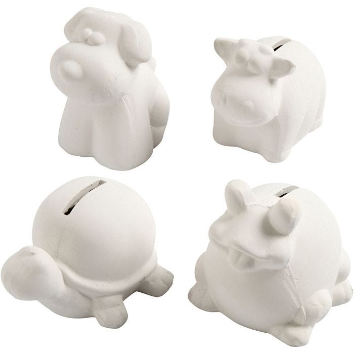 Tirelires en forme d'animaux, H : 7-10 cm, blanc, 4pièces/ 1 Pq.