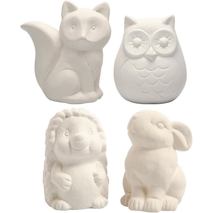 Tirelires en forme d'animaux, hibou, renard, hérisson, lièvre, H : 9-10 cm, blanc, 4pièces/ 1 Pq.