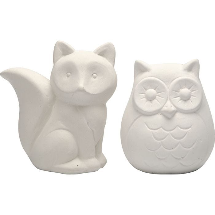 Tirelires en forme d'animaux, hibou et renard, 9 cm, blanc, 2pièces/ 1 Pq.