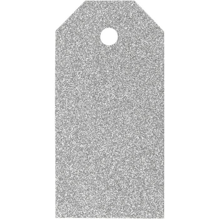 Étiquettes cadeaux, dim. 5x10 cm, paillettes, 300 gr, argent, 15 pièces/ 1 Pq.