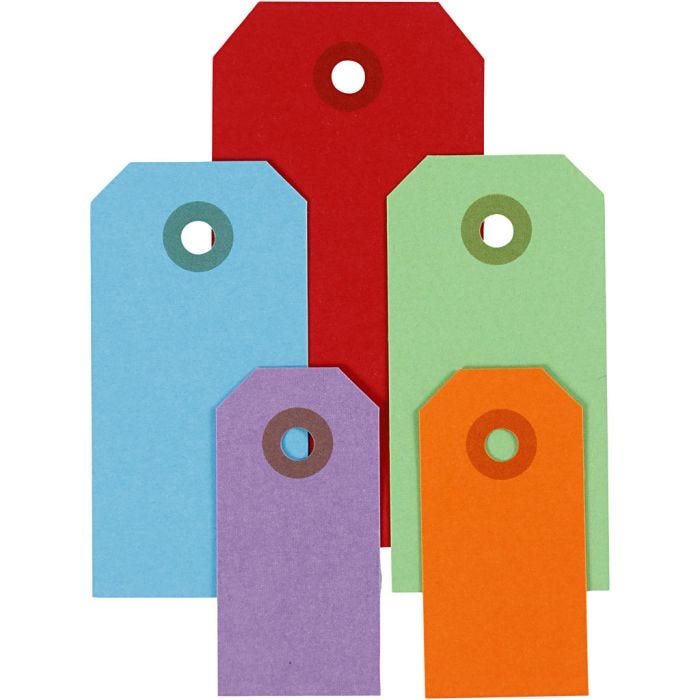 Étiquettes en carton, dim. 3x6+4x8+5x10 cm, 220 gr, ass. de couleurs, 500pièces/ 1 Pq.