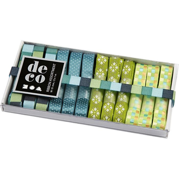 Rubans décoratifs, 10 mm, harmonie bleu/vert, 12x1m/ 1 Pq.