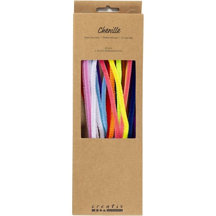 Fil chenille, L : 30 cm, ép. 6 mm, multicolore, 25 ass./ 1 Pq.
