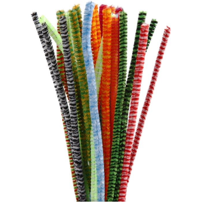 Fil chenille, Assortiment de fils chenille. Petits poils de nylon doux et de qualité fixés, serrés les uns aux autres sur un fil de fer , L : 30 cm, ép. 6 mm, ass. de couleurs, 30 ass./ 1 Pq.