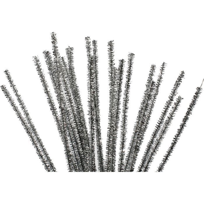 Fil chenille, L : 30 cm, ép. 6 mm, paillettes, argent, 24 pièces/ 1 Pq.