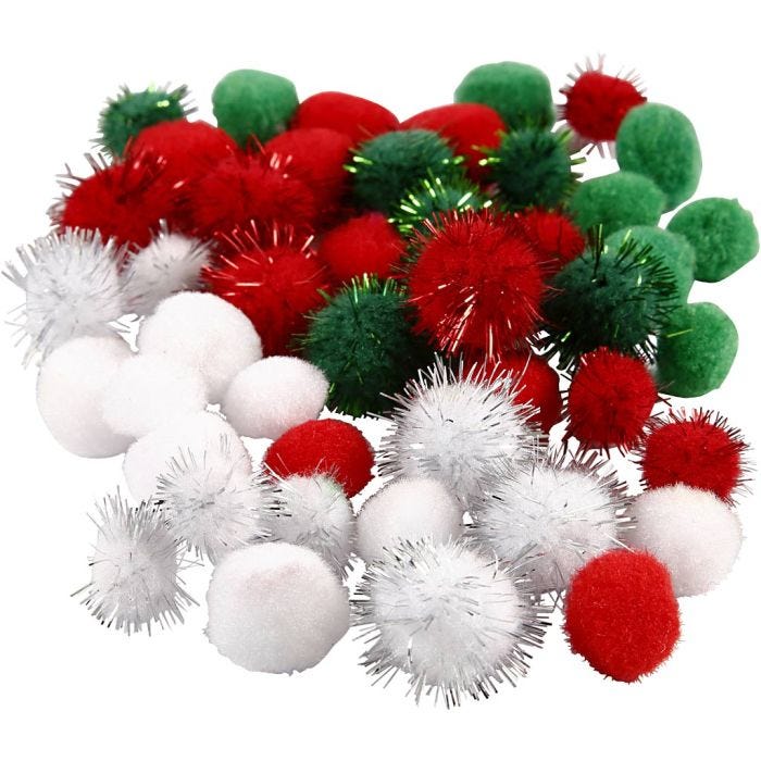 Pompons, d 15+20 mm, vert, rouge, blanc, 48ass./ 1 Pq.