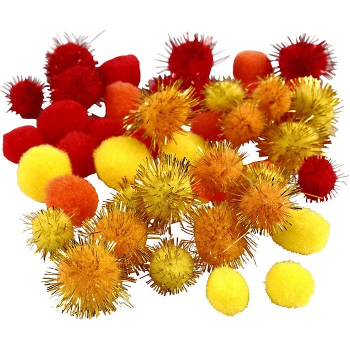 Pompons, 15+20 mm, orange, rouge, jaune, 48ass./ 1 Pq.