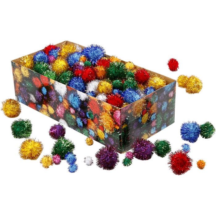 Pompons scintillants, 15-40 mm, paillettes, Couleurs vives, 300gr/ 1 Pq.
