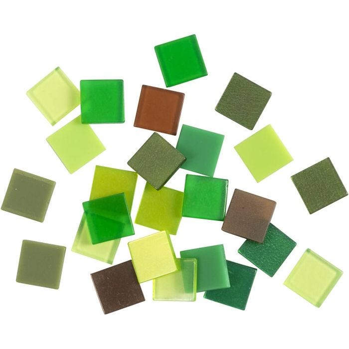 Mini-mosaïques, dim. 10x10 mm, ép. 2 mm, glitter vert, 25gr/ 1 Pq.