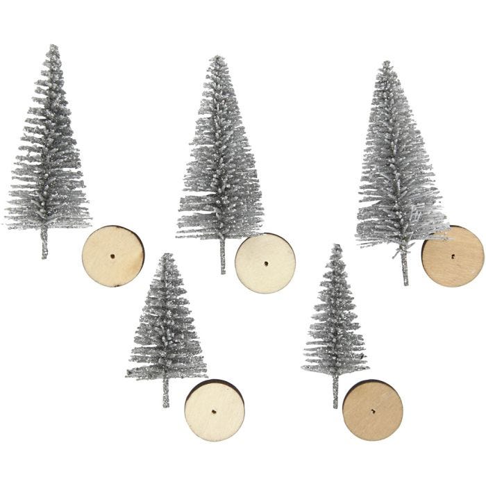Sapins de Noël, H : 40+60 mm, argent, 5pièces/ 1 Pq.