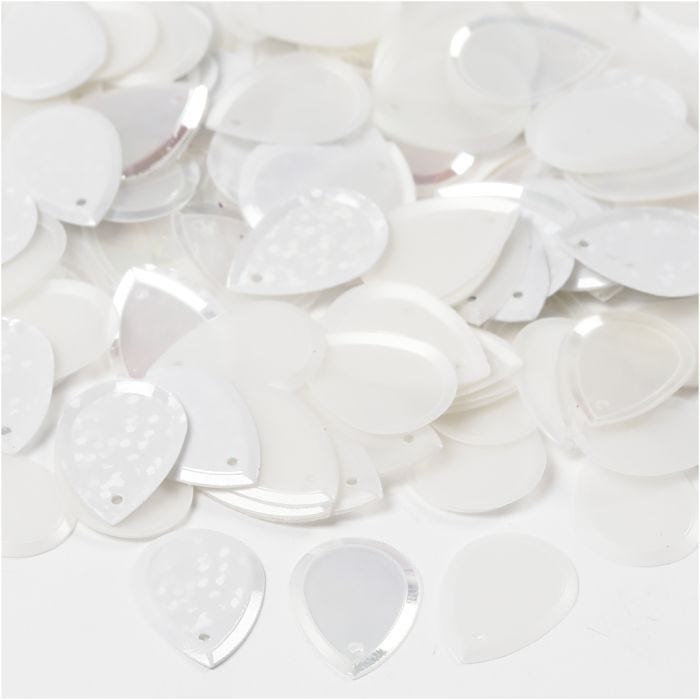 Sequins, goutte de pluie, dim. 14x19 mm, blanc, 50 gr/ 1 Pq.