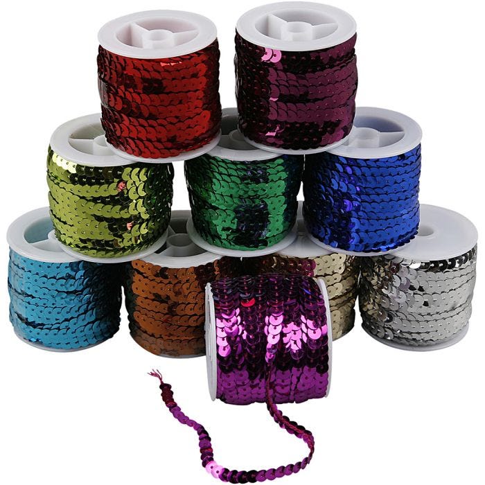 Rubans pailletés, L : 6 mm, couleurs métalliques, 10x10m/ 1 Pq.