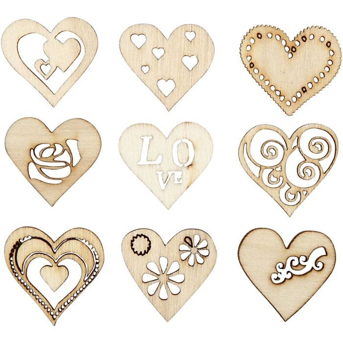 Décorations en bois, love, dim. 28 mm, 45pièces/ 1 Pq.