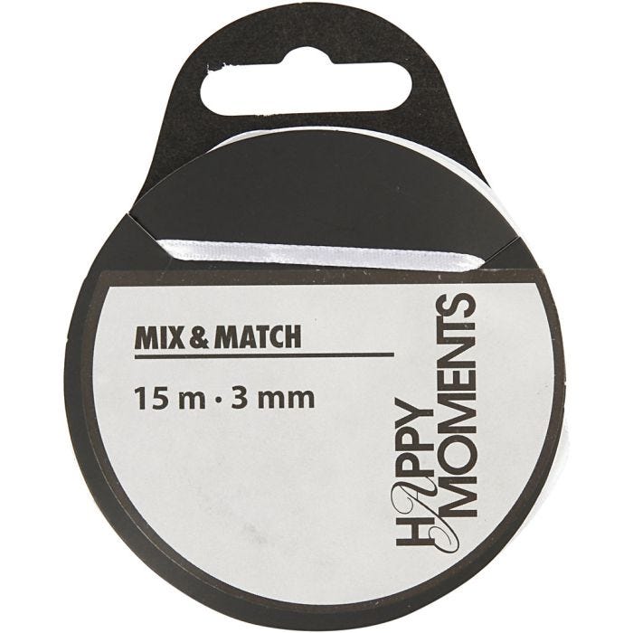 Ruban de satin, 3 mm, blanc, 15m/ 1 rouleau