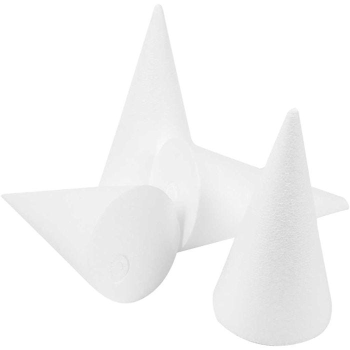 Cônes en polystyrène, H : 14,5 cm, d 6 cm, blanc, 25pièces/ 1 Pq.