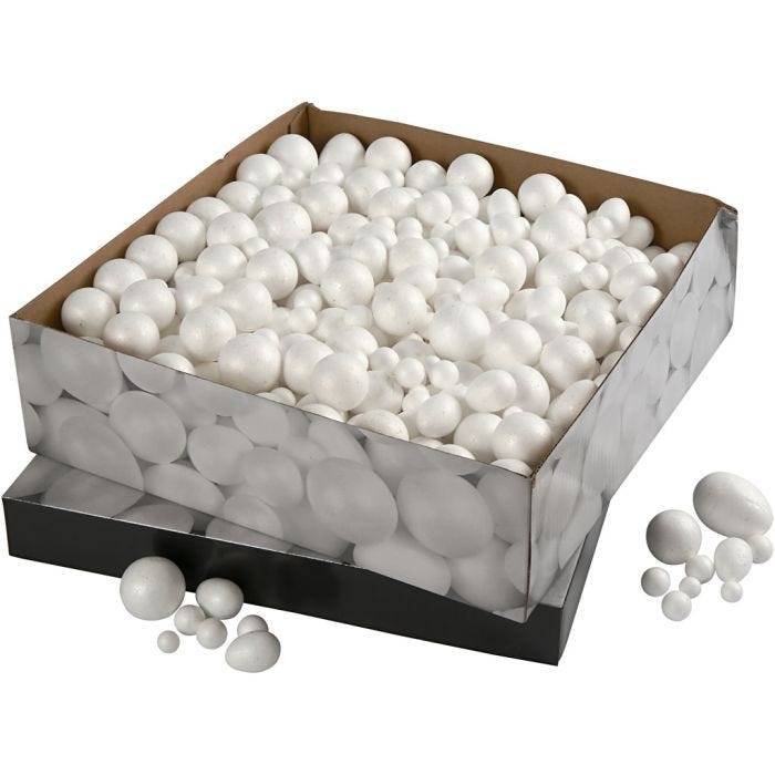 Boules et Oeufs en Polysytrène, dim. 1,5-6,1 cm, blanc, 550pièces/ 1 Pq.